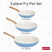 Load image into Gallery viewer, GoodCook Healthy Ceramic Titanium-Infused 3-Piece Fry Pan Set, Light Blue – Induction Cookware, Nonstick Cooking Pan, Frying Pan Skillet for Eggs, Meats, Vegetables, Sauces, Warming Tortillas
