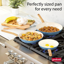 Load image into Gallery viewer, GoodCook Healthy Ceramic Titanium-Infused 3-Piece Fry Pan Set, Light Blue – Induction Cookware, Nonstick Cooking Pan, Frying Pan Skillet for Eggs, Meats, Vegetables, Sauces, Warming Tortillas
